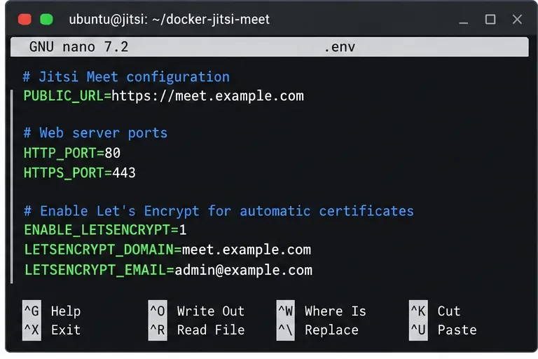 Editor de terminal que muestra las variables PUBLIC_URL, HTTP_PORT, HTTPS_PORT y Let's Encrypt para meet.example.com
