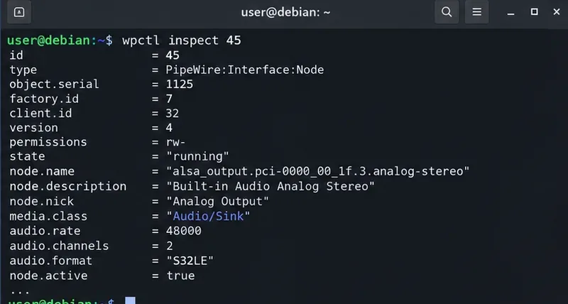 Terminale Debian che mostra l'output di wpctl inspect con node.name per un sink audio integrato e media.class Audio Sink