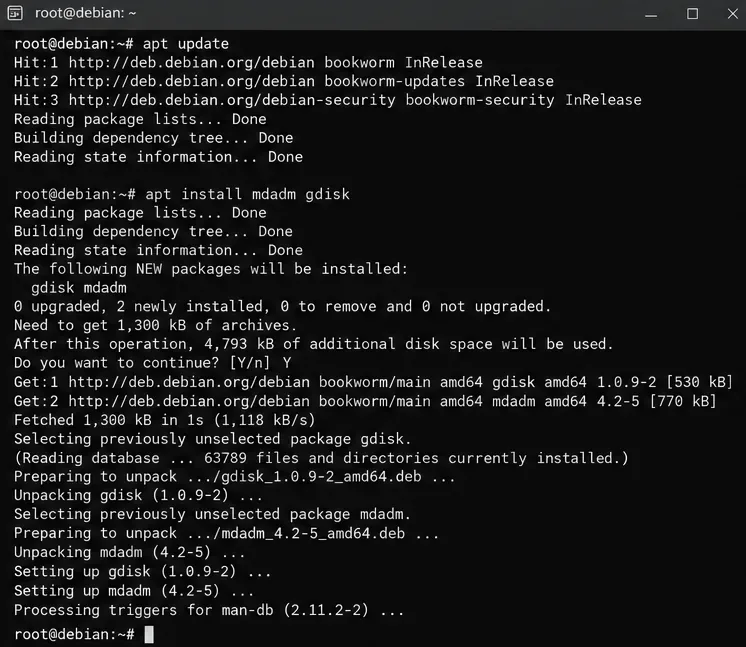 Debian 12でコマンドラインからRAID 1アレイを構成する方法