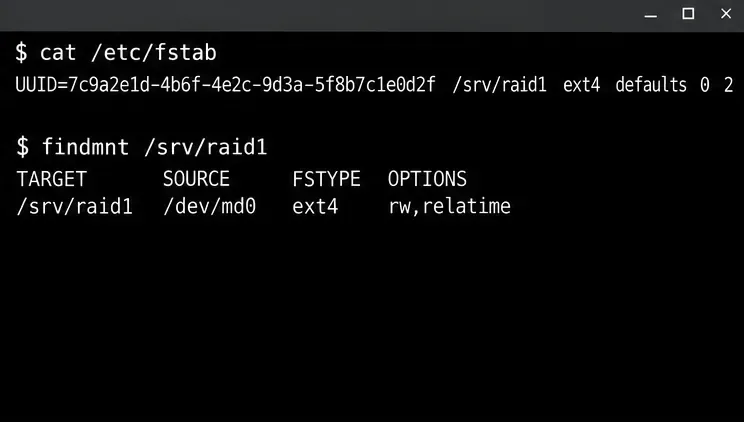 fstabのUUIDエントリのターミナル画面と、RAIDマウントを確認するfindmntの出力。