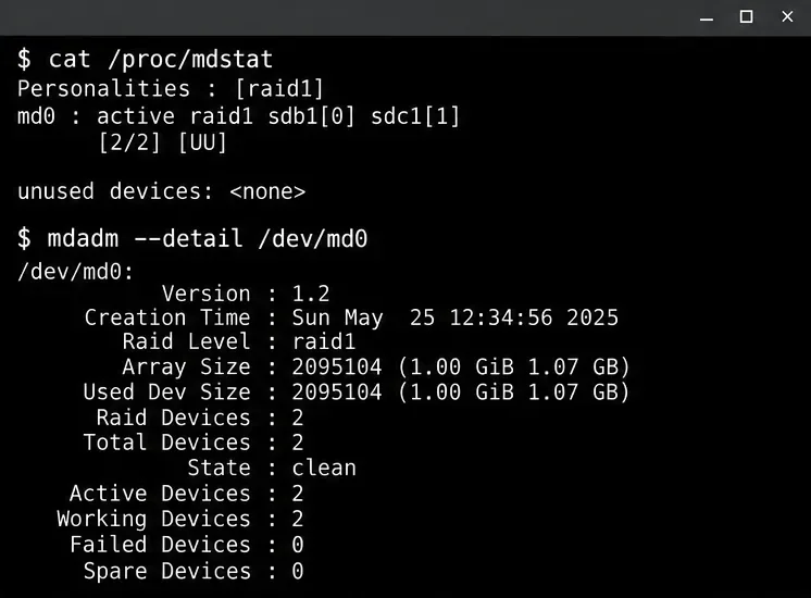 /proc/mdstatとmdadm --detailのターミナル画面には、2つのアクティブなRAID 1メンバーが表示されています。