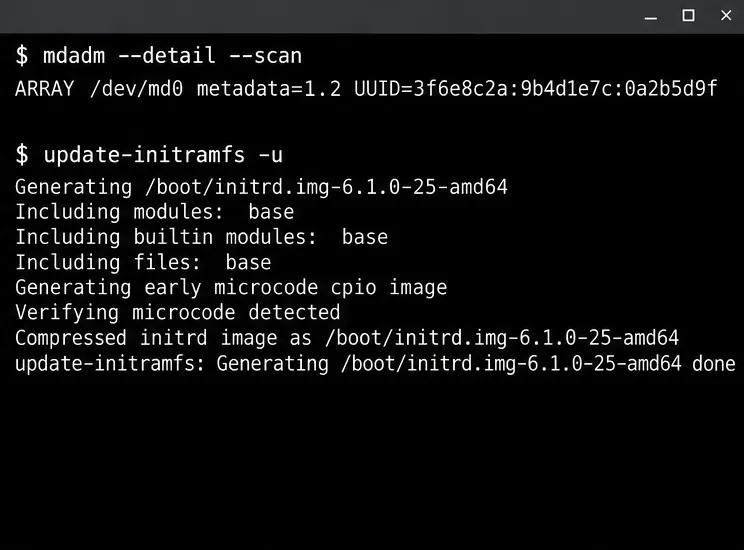 mdadmアレイ構成検出のターミナル画面、それに続くupdate-initramfsの実行。