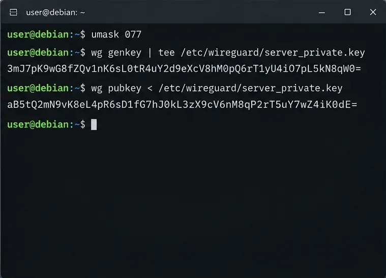 หน้าต่างเทอร์มินัล Debian แสดงคำสั่งการสร้างคีย์ WireGuard และคีย์สาธารณะที่ได้มา