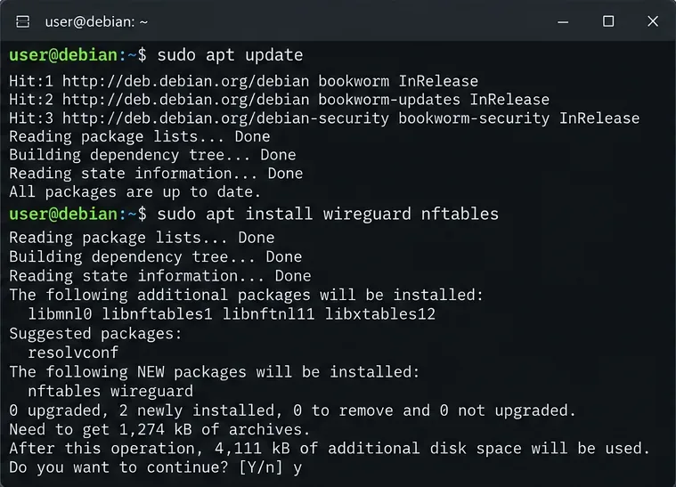 ติดตั้งแพ็กเกจ wireguard และ nftables ด้วย apt ในเทอร์มินัล Debian
