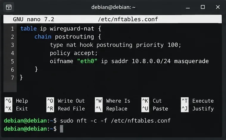GNU nano บน Debian แสดงกฎ masquerade postrouting ของ nftables สำหรับซับเน็ต WireGuard