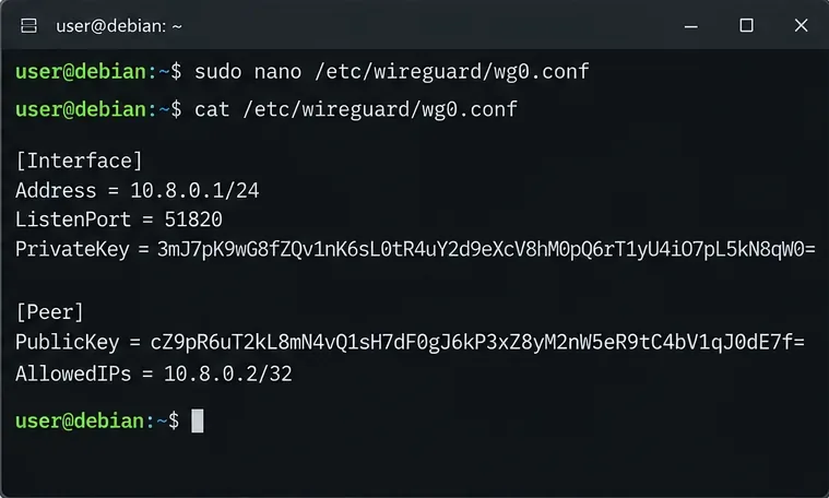 หน้าต่างเทอร์มินัล Debian แสดงการกำหนดค่าเซิร์ฟเวอร์ wg0.conf พร้อมอินเทอร์เฟซ WireGuard และ Peer หนึ่งตัว