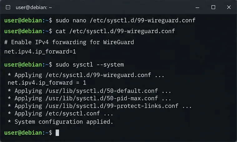 เทอร์มินัล Debian แสดงค่า net.ipv4.ip_forward ที่ตั้งค่าเป็น 1 ในไฟล์การกำหนดค่า sysctl