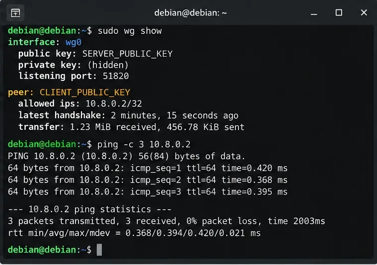 เทอร์มินัล Debian แสดงผลลัพธ์จากคำสั่ง wg show พร้อมกับการเชื่อมต่อล่าสุดและการ ping ไปยัง 10.8.0.2 ที่สำเร็จ