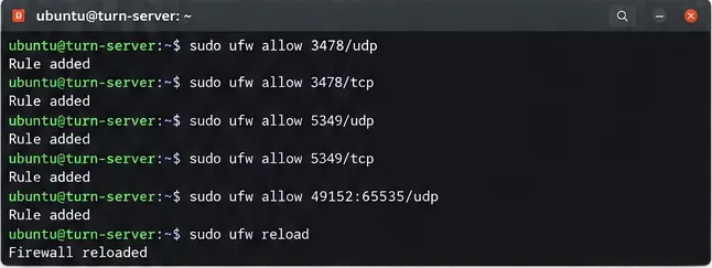 TURN 수신 포트를 허용하는 UFW 규칙과 구성된 UDP 릴레이 포트 범위를 보여주는 Ubuntu 터미널 화면입니다.
