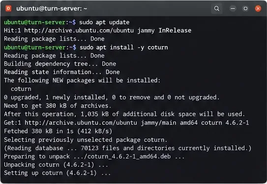 Ubuntu 터미널에서 apt update 다음에 apt install coturn이 실행되는 화면입니다.