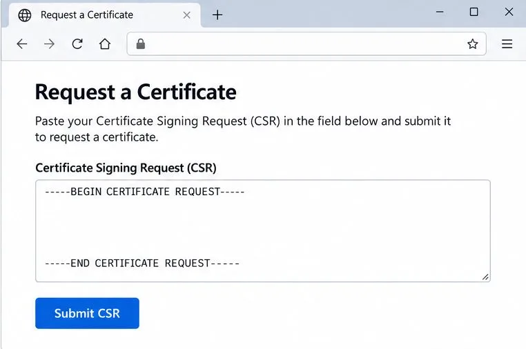 Una página genérica de solicitud de certificación con un cuadro de texto para la solicitud de firma de certificado (CSR) y un botón para enviar la CSR.