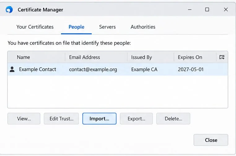Administrador de certificados de Thunderbird con la pestaña Personas activa y el botón Importar visible.