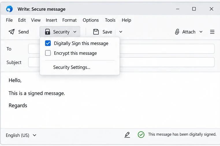 Ventana de redacción de mensajes de Thunderbird con la opción "Firmar digitalmente este mensaje" marcada en el menú Seguridad.