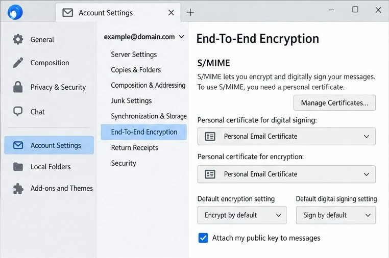 Configuración de cifrado de extremo a extremo de Thunderbird con un certificado personal seleccionado para la firma y el cifrado, y controles de acción predeterminados a continuación.