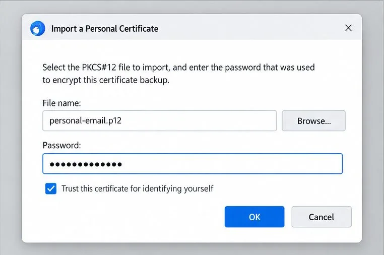 Un cuadro de diálogo de importación de certificado personal de Thunderbird que muestra un nombre de archivo PKCS#12, un campo de contraseña y la opción de confianza para la autoidentificación marcada.