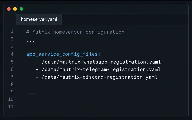 Synapse YAMLエディタのサンプルでは、app_service_config_filesの下に、WhatsApp、Telegram、およびDiscordブリッジサービス用の個別の登録ファイルパスがリストされています。
