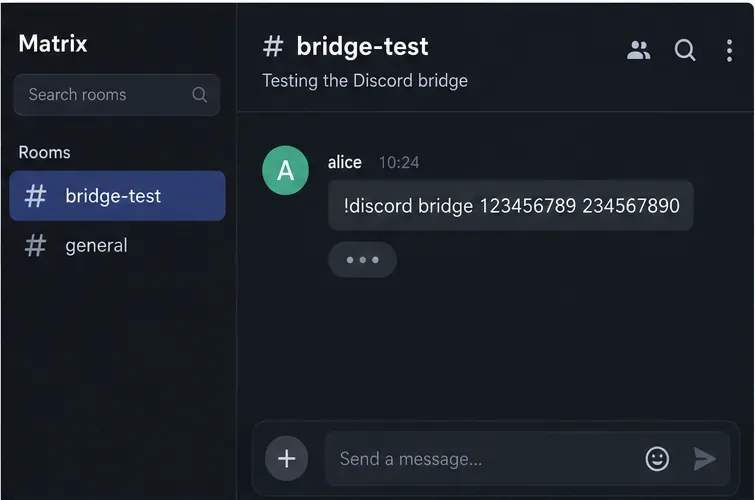 Matrix ルームには、コマンド例「!discord bridge」に続いて、サーバーおよびチャンネル ID のプレースホルダーが含まれています。