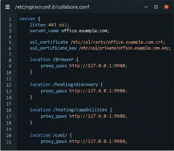 Nginx 虛擬主機設定編輯器顯示辦公室主機名稱、TLS 憑證路徑以及 Collabora 瀏覽器和託管端點的位置。