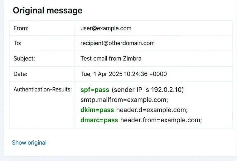 عرض الرسالة الأصلية الذي يُظهر نتائج المصادقة مع spf=pass وdkim=pass وdmarc=pass لموقع example.com
