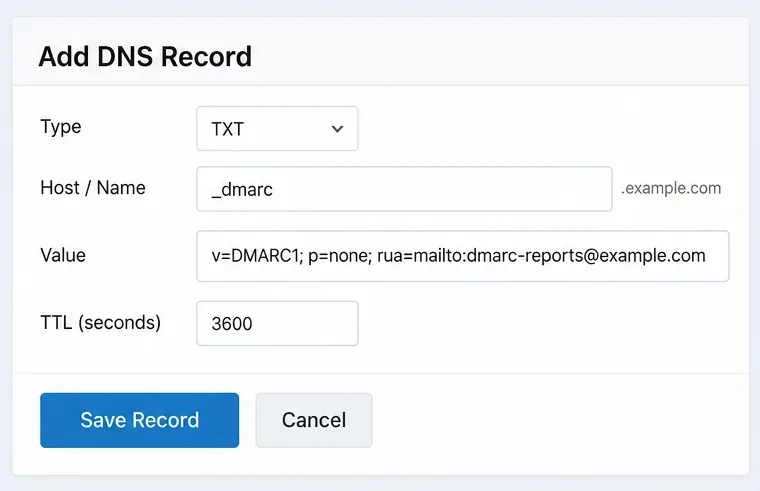 نموذج DNS لإنشاء سجل TXT باسم _dmarc مع v=DMARC1 و p=none وصندوق بريد تقرير مجمع