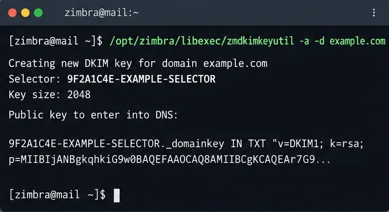 تشغيل طرفية Zimbra باستخدام الأمر zmdkimkeyutil -a -d example.com وعرض مُحدد DKIM بالإضافة إلى بيانات DNS TXT العامة