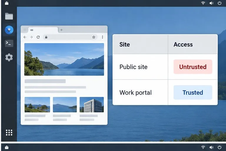 公開サイトを信頼できないサイト、ワークポータルを信頼できるサイトとして分類する概念的なサイトアクセス表