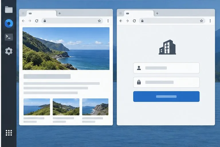公開ウェブページと、別の職場ポータルサインインページを表示する2つの汎用ブラウザウィンドウ
