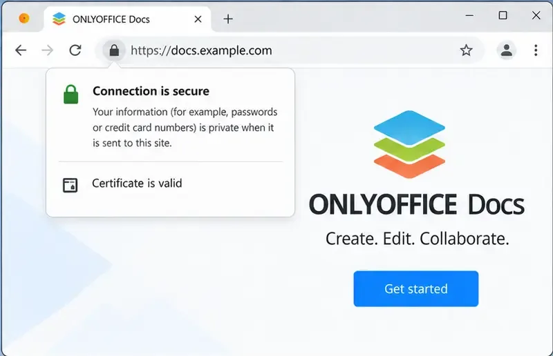 Linuxターミナルには、docs.example.comがIPアドレスに解決され、TCPポート443でリスナーが動作していることが表示されます。