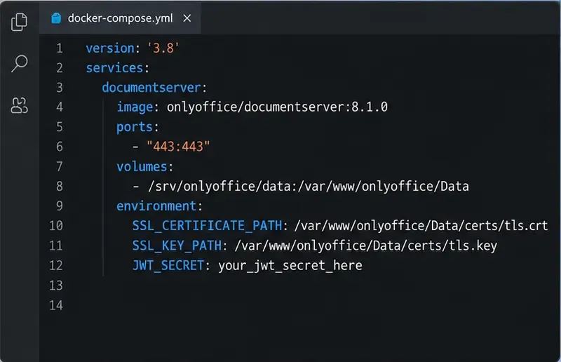 コードエディタには、ポート443を公開し、ONLYOFFICE Docsの証明書と秘密鍵のパスを設定するDocker Composeサービスが表示されます。