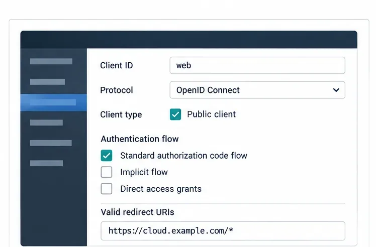 مثال لعميل Keycloak OpenID Connect مع عميل عام، وتدفق رمز التفويض، وعنوان URI لإعادة التوجيه HTTPS.