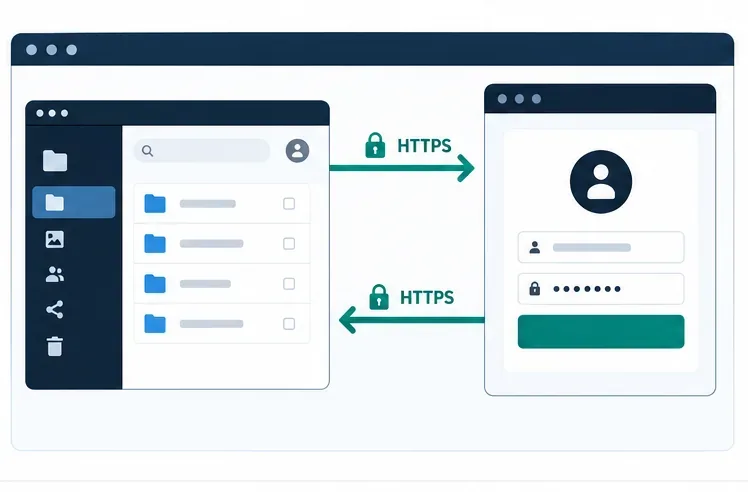 يتم تسجيل الدخول إلى ownCloud عبر المتصفح، ويتبادل موفر الهوية حركة البيانات عبر HTTPS.