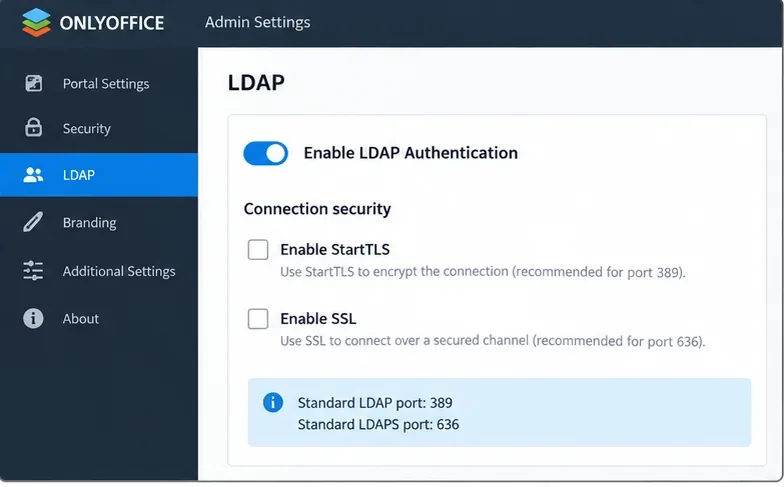 Vista de configuración LDAP de ONLYOFFICE que muestra la autenticación LDAP habilitada con StartTLS y opciones de seguridad de conexión SSL.