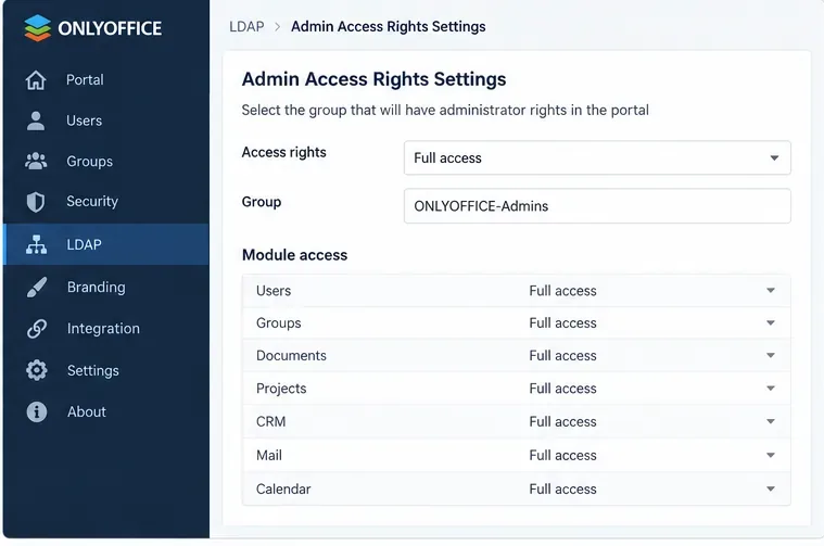 Vista de derechos de acceso de administrador de ONLYOFFICE que asigna acceso completo y acceso a módulos a un grupo de administradores LDAP de ejemplo.