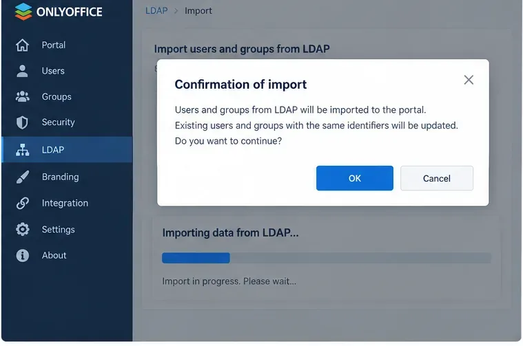 El cuadro de diálogo de confirmación de importación de ONLYOFFICE se muestra antes de importar usuarios y grupos desde LDAP.