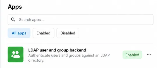 Nextcloud 앱 설정에서 LDAP 사용자 및 그룹 백엔드가 활성화됨으로 표시됩니다.