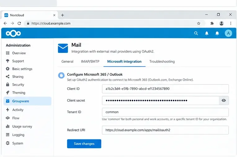 Configuración de Nextcloud Groupware que muestra los campos de integración de Microsoft para ID de cliente, secreto de cliente, ID de inquilino y URI de redireccionamiento.
