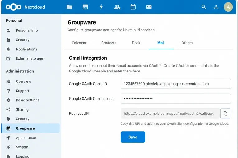 Configuración de Nextcloud Groupware que muestra los campos de integración de Gmail para un ID de cliente de Google OAuth, un secreto de cliente y una URI de redireccionamiento.