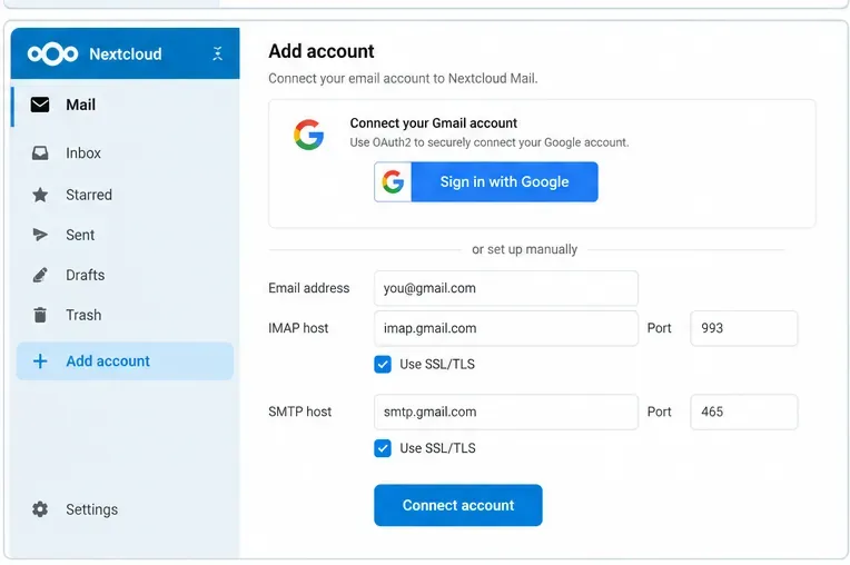 Pantalla para agregar una cuenta de Nextcloud Mail que muestra una dirección de Gmail, los hosts IMAP y SMTP de Gmail y la opción "Iniciar sesión con Google".