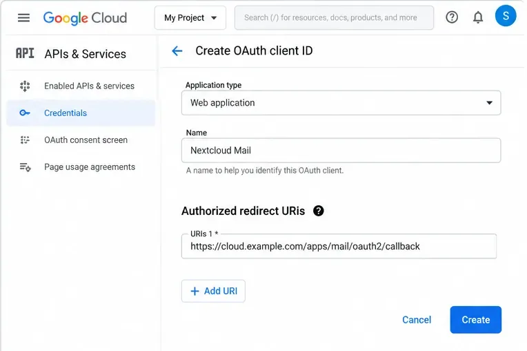Pantalla de creación de cliente OAuth de Google Cloud que muestra una aplicación web y un campo URI de redireccionamiento autorizado.