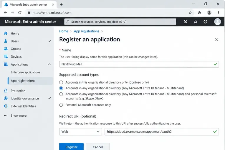 Pantalla de registro de la aplicación Microsoft Entra que muestra los tipos de cuenta compatibles y una URI de redireccionamiento web.