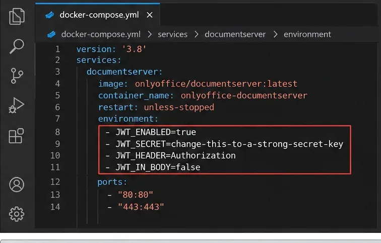 onlyoffice/documentserver에 대한 JWT_ENABLED, JWT_SECRET, JWT_HEADER 및 JWT_IN_BODY 환경 변수를 보여주는 Docker Compose 편집기