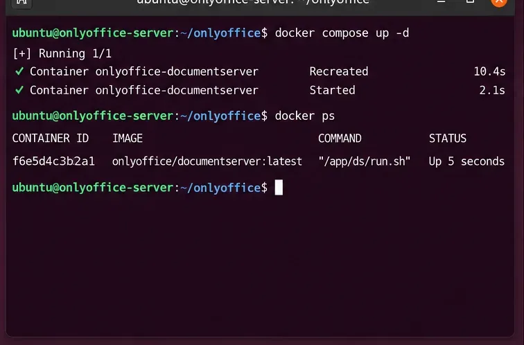 Ubuntu 터미널에서 `docker compose up -d` 명령어를 실행하여 ONLYOFFICE Document Server 컨테이너를 다시 생성하고 시작하는 과정을 보여줍니다.