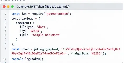 서버 측 Node.js 예제를 보여주는 코드 편집기입니다. 이 예제는 HS256 JWT를 사용하여 ONLYOFFICE 문서 구성에 서명합니다.