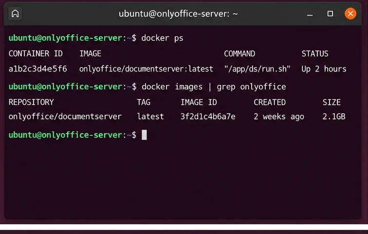 실행 중인 onlyoffice/documentserver Docker 컨테이너와 해당 이미지 태그를 보여주는 Ubuntu 터미널