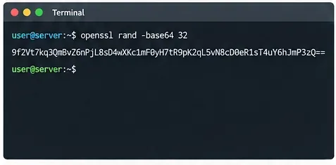 터미널 화면에 OpenSSL 명령어가 표시되어 있는데, 이 명령어는 임의의 비밀 키를 생성합니다.