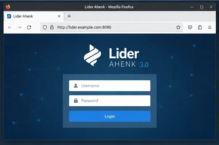 Firefox 在 Lider 伺服器位址的 8080 連接埠上顯示 LIDER AHENK 3.0 風格的登入畫面。