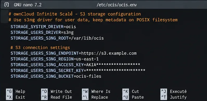 Editor de terminal que muestra el controlador s3ng, la raíz de metadatos POSIX, el punto final S3, la región, la clave de acceso, la clave secreta y las variables de entorno del bucket.