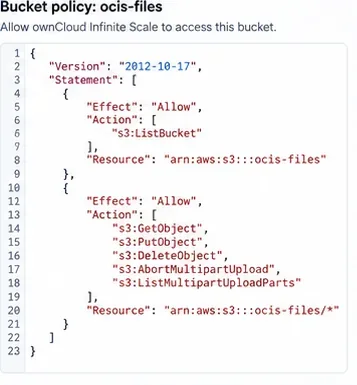 Primer plano de una política de bucket de S3 que muestra los permisos ListBucket, object y multipart-upload para un bucket de ownCloud Infinite Scale.
