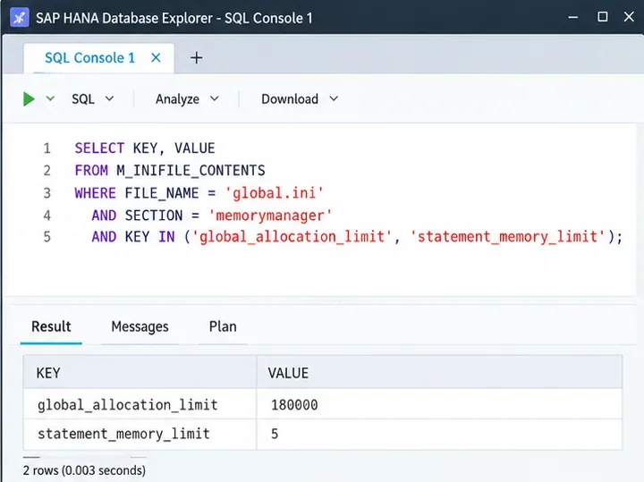 SAP HANA SQLコンソールで、global_allocation_limitとstatement_memory_limitについてM_INIFILE_CONTENTSを照会する