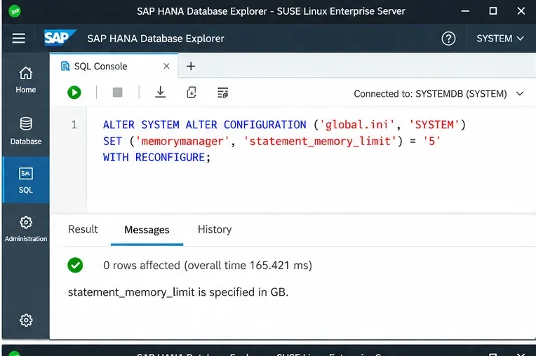 SAP HANA Database Explorerでglobal.iniのstatement_memory_limitを5GBに設定する